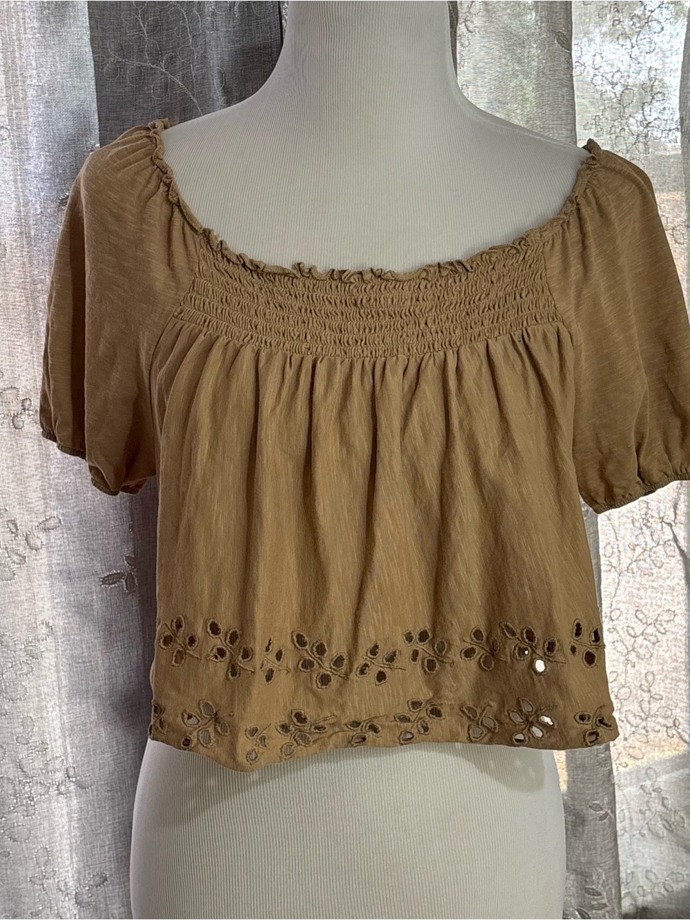 American Eagle Outfitters Tan Eyelet Smocked Crop Top